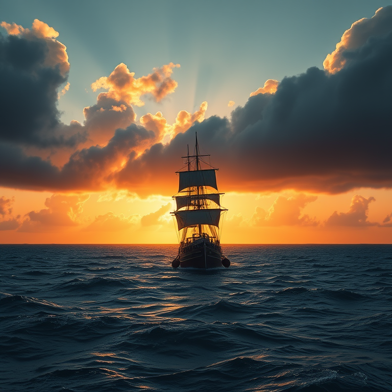 minimalist design, a sailing ship on stormy seas, during golden hour, with dramatic cloud formations, high contrast, panoramic view, studio quality lighting, photorealistic, awe-inspiring and grand