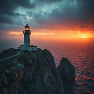 cinematic shot, a lighthouse on rocky cliffs, at sunset, with lightning in distance, pastel soft colors, bird eye view, moody atmospheric lighting, 8K UHD, mysterious and ethereal