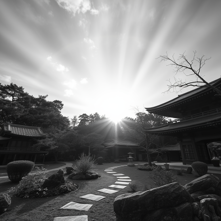 realistic photo, a Japanese zen garden, at dawn, with rainbow in background, monochrome black and white, wide angle view, volumetric light rays, highly detailed, dramatic and powerful