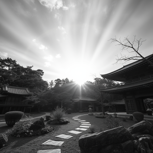 realistic photo, a Japanese zen garden, at dawn, with rainbow in background, monochrome black and white, wide angle view, volumetric light rays, highly detailed, dramatic and powerful