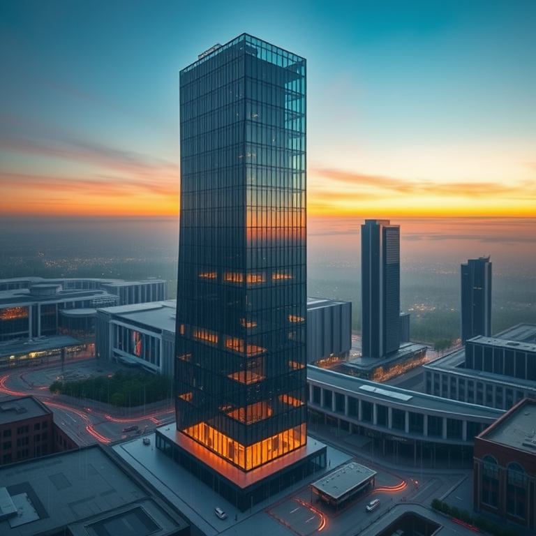 minimalist design, a modern glass skyscraper, at sunset, with rain reflections, pastel soft colors, wide angle view, studio quality lighting, ultra high resolution, whimsical and playful