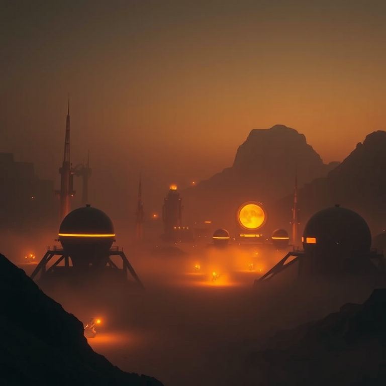 retro vintage photo, a futuristic Mars colony, during golden hour, with misty atmosphere, high contrast, low angle dramatic perspective, dramatic side lighting, masterpiece quality, dramatic and powerful