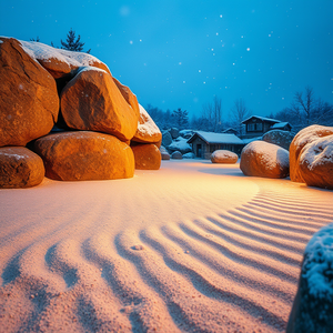 watercolor painting, a zen rock garden with raked sand, at blue hour, with snow falling, golden warm palette, macro extreme close-up, rim lighting, ultra high resolution, romantic and dreamy