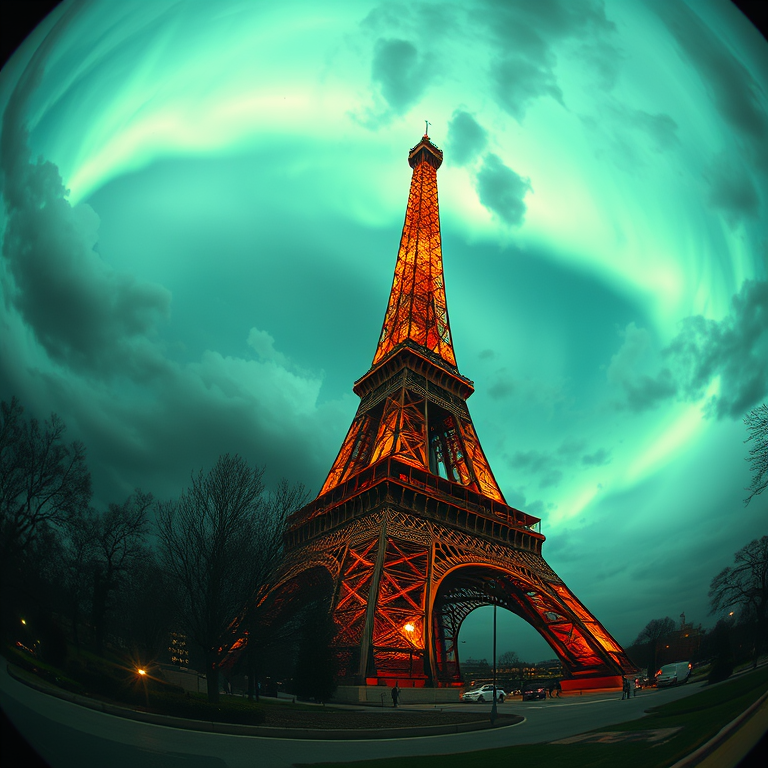 digital art, Paris Eiffel Tower at golden hour, during a storm, with aurora in sky, warm tones, fish-eye lens, natural light, RAW photo, peaceful and serene