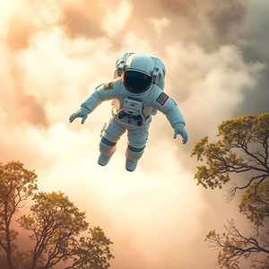 pencil sketch, an astronaut floating above Earth, in early morning mist, with fog rolling in, warm tones, aerial drone perspective, dappled light through trees, RAW photo, energetic and vibrant