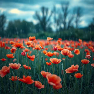 impressionist painting, a field of poppies in wind, at blue hour, with rain reflections, pastel soft colors, telephoto compression, dappled light through trees, professional photography, cozy and warm