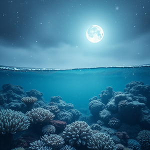 abstract art, a coral reef underwater scene, under a full moon, with snow falling, pastel soft colors, wide angle view, studio quality lighting, 8K UHD, melancholic and contemplative