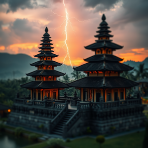 digital art, a Balinese temple at dawn, at dawn, with lightning in distance, high contrast, tilt-shift miniature effect, dramatic side lighting, professional photography, whimsical and playful