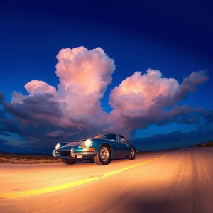retro vintage photo, a classic sports car on an open road, at blue hour, with dramatic cloud formations, warm tones, fish-eye lens, natural light, photorealistic, energetic and vibrant