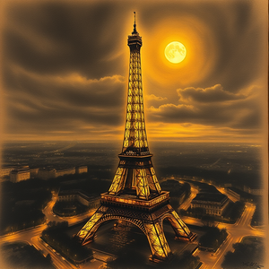 charcoal drawing, Paris Eiffel Tower at golden hour, under a full moon, with gentle breeze, warm tones, bird eye view, neon glow, professional photography, awe-inspiring and grand