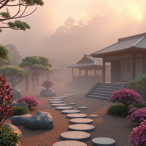 3D render, a Japanese zen garden, at dawn, with fog rolling in, pastel soft colors, close-up detail shot, volumetric light rays, masterpiece quality, peaceful and serene
