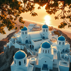 hyper-realistic render, a Greek island with white buildings and blue domes, at dawn, with rain reflections, golden warm palette, aerial drone perspective, dappled light through trees, photorealistic, energetic and vibrant