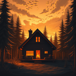 anime style, a cozy cabin in the woods with fireplace, during golden hour, with dramatic cloud formations, monochrome black and white, telephoto compression, moody atmospheric lighting, ultra high resolution, cozy and warm