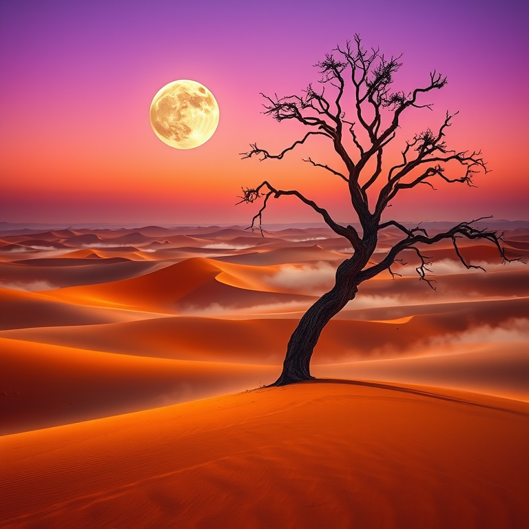A surreal desert landscape at twilight, with endless golden sand dunes shaped by the wind, a glowing purple and orange sky, and a large full moon rising on the horizon. A lone twisted tree stands in the foreground, partially illuminated by soft moonlight. Gentle mist drifts across the الرمال, creating a dreamlike and mysterious mood. Ultra-detailed, cinematic lighting, high contrast, volumetric fog, 8K, artistic photography, sharp focus.