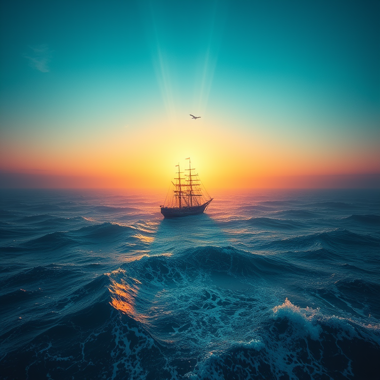abstract art, a sailing ship on stormy seas, at sunset, with clear blue sky, muted earth tones, bird eye view, volumetric light rays, 8K UHD, mysterious and ethereal