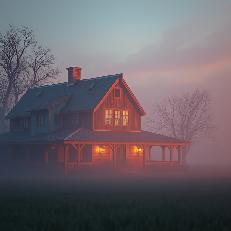 3D render, a rustic farmhouse at golden hour, at blue hour, with misty atmosphere, pastel soft colors, telephoto compression, soft diffused lighting, 8K UHD, melancholic and contemplative