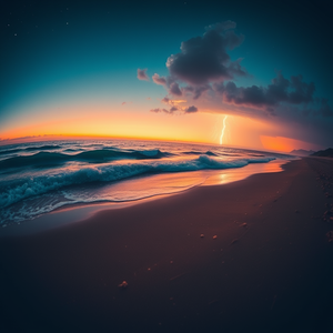 cinematic shot, a bioluminescent ocean beach at night, at sunrise, with lightning in distance, teal and orange, fish-eye lens, natural light, sharp focus, energetic and vibrant