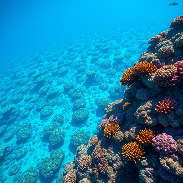 3D render, a coral reef underwater scene, at midday, with clear blue sky, high contrast, aerial drone perspective, dramatic side lighting, RAW photo, energetic and vibrant