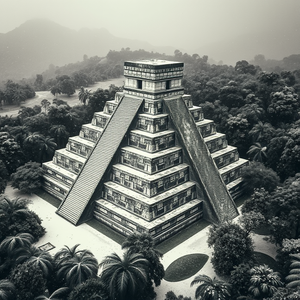retro vintage photo, a Mayan pyramid in jungle, at midday, with snow falling, monochrome black and white, aerial drone perspective, studio quality lighting, photorealistic, energetic and vibrant