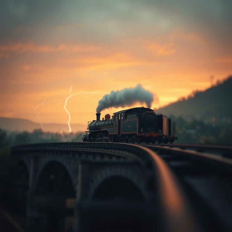 concept art, a vintage steam train on a bridge, during twilight, with lightning in distance, warm tones, tilt-shift miniature effect, natural light, photorealistic, melancholic and contemplative