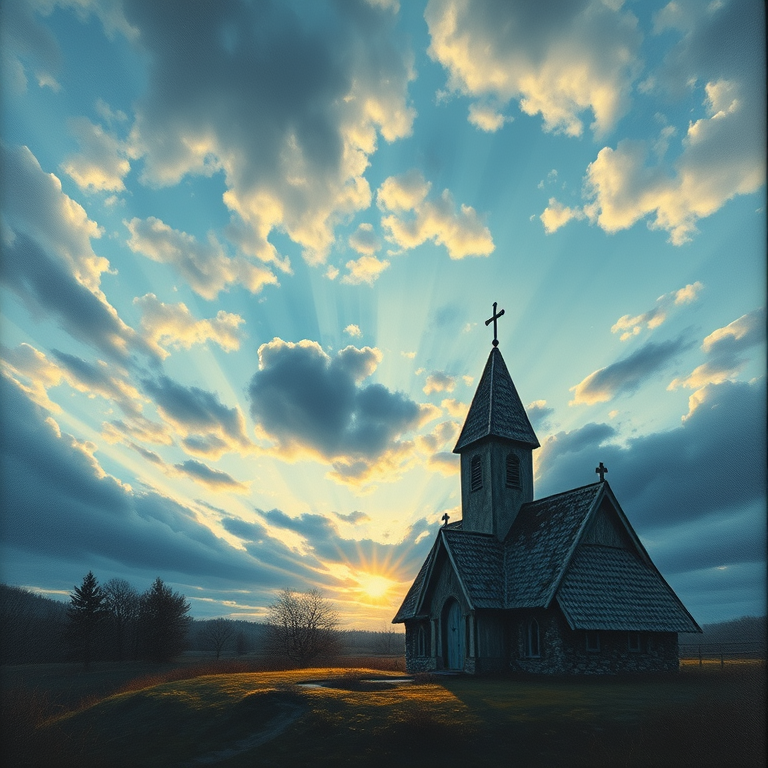 oil painting, a Northern European stave church, at sunrise, with dramatic cloud formations, cool blue tones, low angle dramatic perspective, studio quality lighting, sharp focus, peaceful and serene