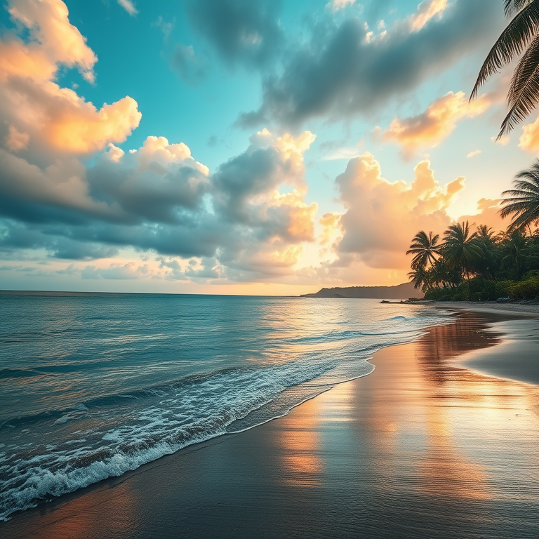 digital art, a tropical beach with turquoise water, at sunrise, with rain reflections, muted earth tones, wide angle view, dramatic side lighting, RAW photo, peaceful and serene