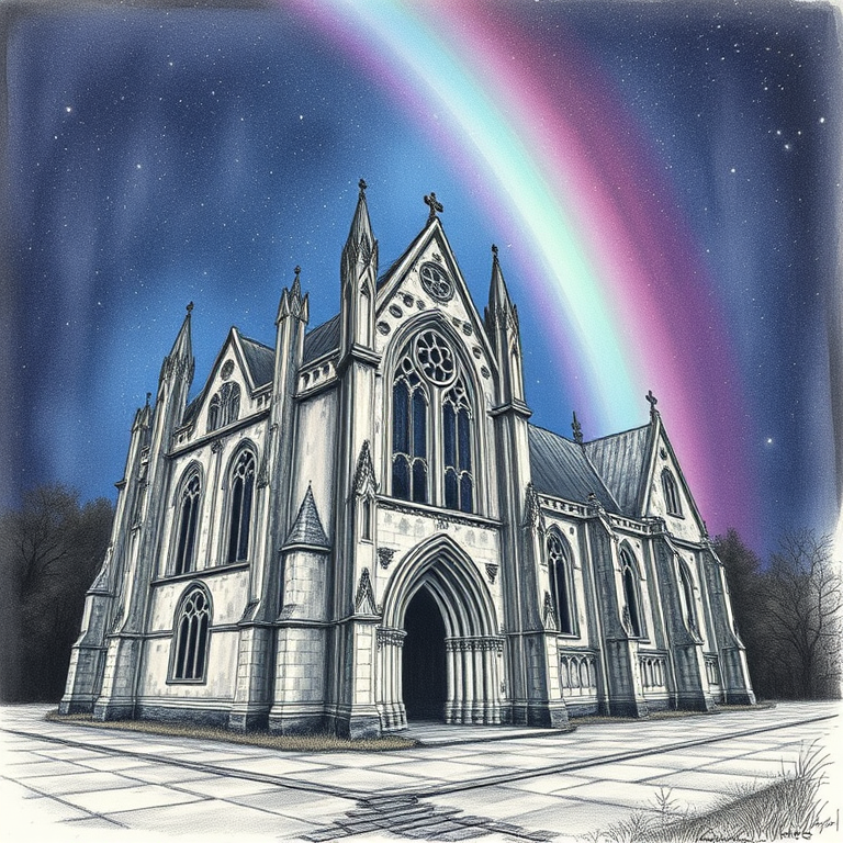 pencil sketch, an abandoned Gothic cathedral, at night under stars, with rainbow in background, pastel soft colors, wide angle view, studio quality lighting, masterpiece quality, dark and moody