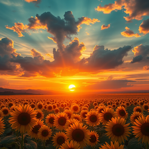 digital art, a sunflower field stretching to horizon, at sunset, with dramatic cloud formations, teal and orange, panoramic view, neon glow, photorealistic, dramatic and powerful