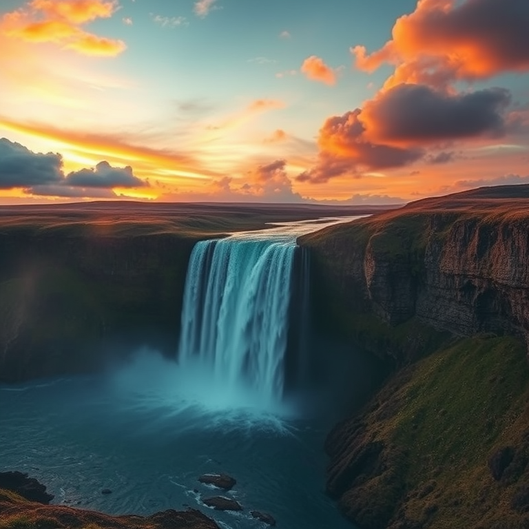digital art, a waterfall cascading into a pool, at sunset, with dramatic cloud formations, vibrant saturated colors, panoramic view, soft diffused lighting, masterpiece quality, peaceful and serene