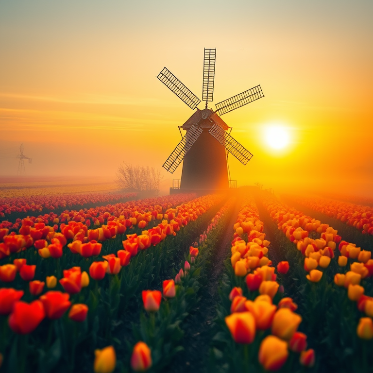abstract art, an old windmill in tulip fields, at dawn, with misty atmosphere, high contrast, tilt-shift miniature effect, rim lighting, 8K UHD, energetic and vibrant