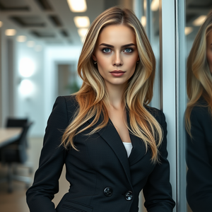 realistic photo, a woman, young adult, blonde hair, blue eyes, fair skin, European, slim body, wearing a business suit, leaning against a wall, in a modern office, soft diffused lighting, full body shot, 8k uhd