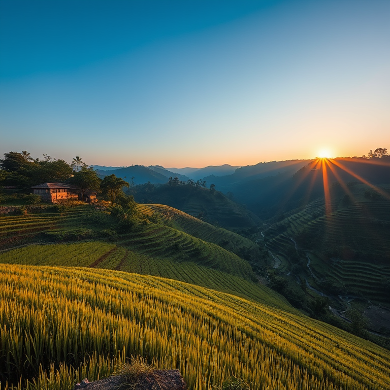 watercolor painting, a terraced rice paddy in Bali, during twilight, with clear blue sky, muted earth tones, telephoto compression, volumetric light rays, professional photography, dramatic and powerful