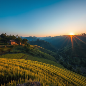 watercolor painting, a terraced rice paddy in Bali, during twilight, with clear blue sky, muted earth tones, telephoto compression, volumetric light rays, professional photography, dramatic and powerful