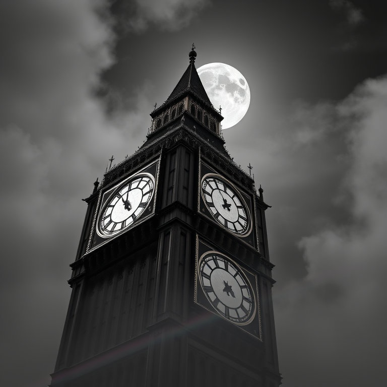 digital art, London Big Ben in fog, under a full moon, with rainbow in background, monochrome black and white, close-up detail shot, studio quality lighting, professional photography, awe-inspiring and grand
