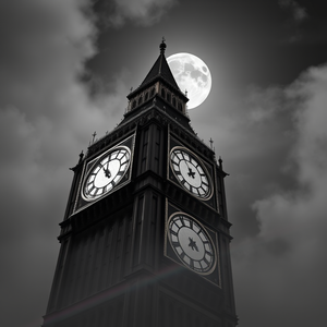 digital art, London Big Ben in fog, under a full moon, with rainbow in background, monochrome black and white, close-up detail shot, studio quality lighting, professional photography, awe-inspiring and grand