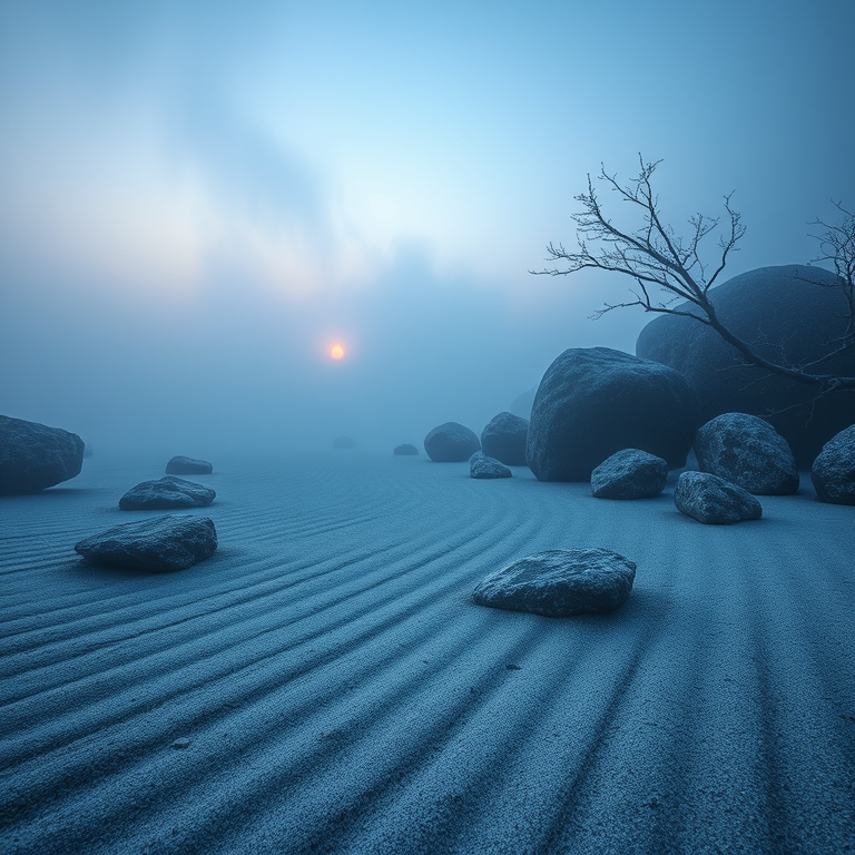 impressionist painting, a zen rock garden with raked sand, at dawn, with misty atmosphere, cool blue tones, low angle dramatic perspective, natural light, professional photography, melancholic and contemplative