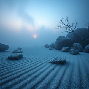 impressionist painting, a zen rock garden with raked sand, at dawn, with misty atmosphere, cool blue tones, low angle dramatic perspective, natural light, professional photography, melancholic and contemplative