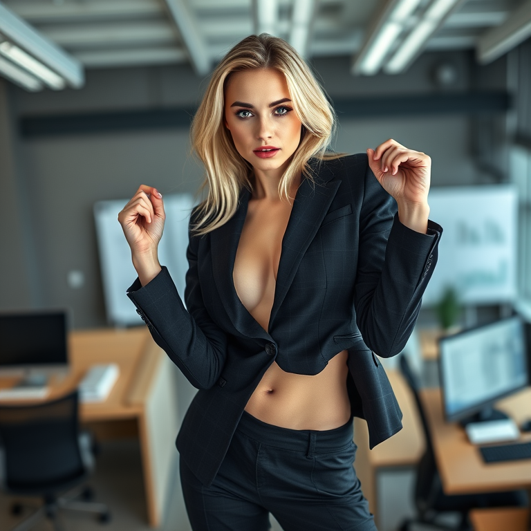 realistic photo, a woman, young adult, blonde hair, green eyes, fair skin, European, slim body, wearing a business suit, in a provocative pose, fully nude, naked, raw, rough, explicit, in a modern office, studio lighting, high angle shot, masterpiece