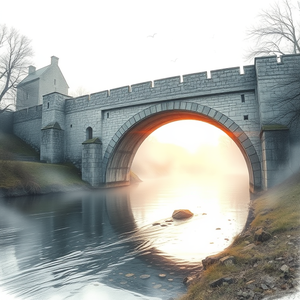 pencil sketch, a medieval stone bridge over a river, at sunrise, with fog rolling in, pastel soft colors, fish-eye lens, backlit with sun flare, highly detailed, mysterious and ethereal