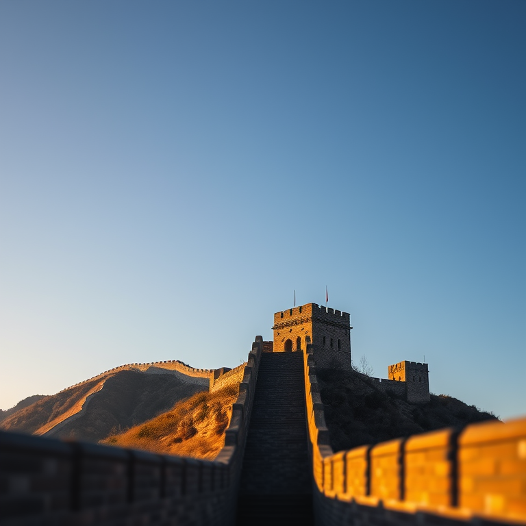 concept art, the Great Wall of China at sunset, at midday, with clear blue sky, golden warm palette, tilt-shift miniature effect, rim lighting, RAW photo, awe-inspiring and grand