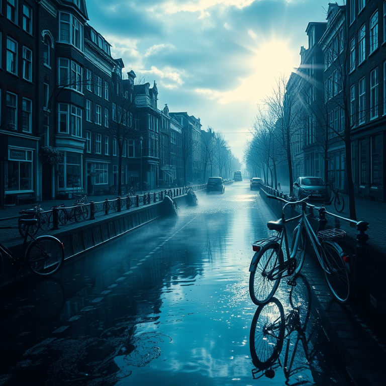 retro vintage photo, an Amsterdam canal with bicycles, during a storm, with misty atmosphere, cool blue tones, low angle dramatic perspective, backlit with sun flare, highly detailed, peaceful and serene