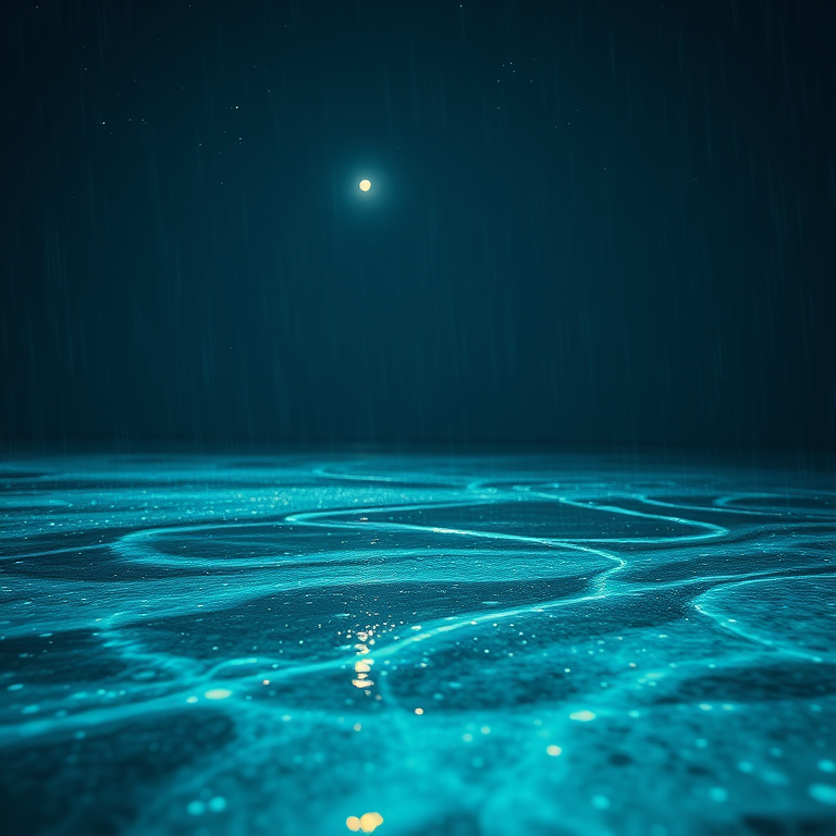 abstract art, a bioluminescent ocean beach at night, at night under stars, with rain reflections, high contrast, close-up detail shot, studio quality lighting, RAW photo, peaceful and serene