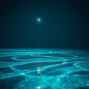 abstract art, a bioluminescent ocean beach at night, at night under stars, with rain reflections, high contrast, close-up detail shot, studio quality lighting, RAW photo, peaceful and serene
