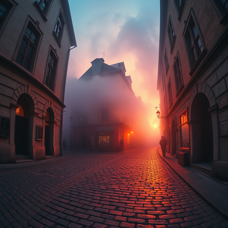 cinematic shot, an old European cobblestone street, at sunrise, with fog rolling in, vibrant saturated colors, fish-eye lens, moody atmospheric lighting, photorealistic, awe-inspiring and grand