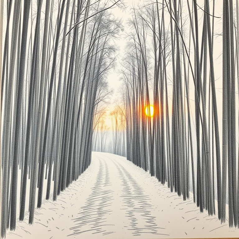 pencil sketch, a bamboo forest path, at sunset, with snow falling, warm tones, wide angle view, moody atmospheric lighting, award-winning composition, peaceful and serene