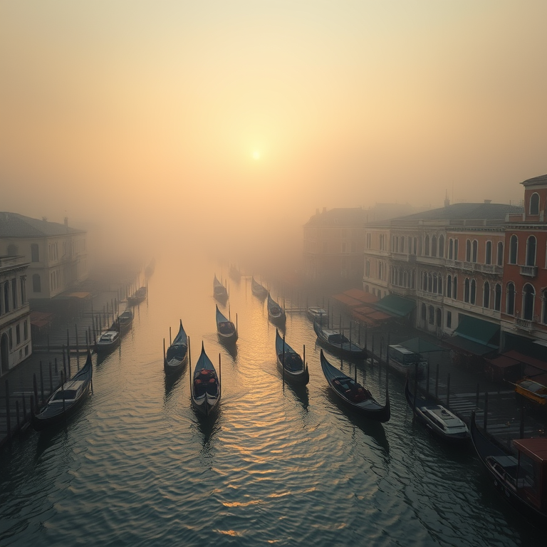 oil painting, a Venetian canal with gondolas, at dawn, with fog rolling in, golden warm palette, aerial drone perspective, moody atmospheric lighting, 8K UHD, peaceful and serene