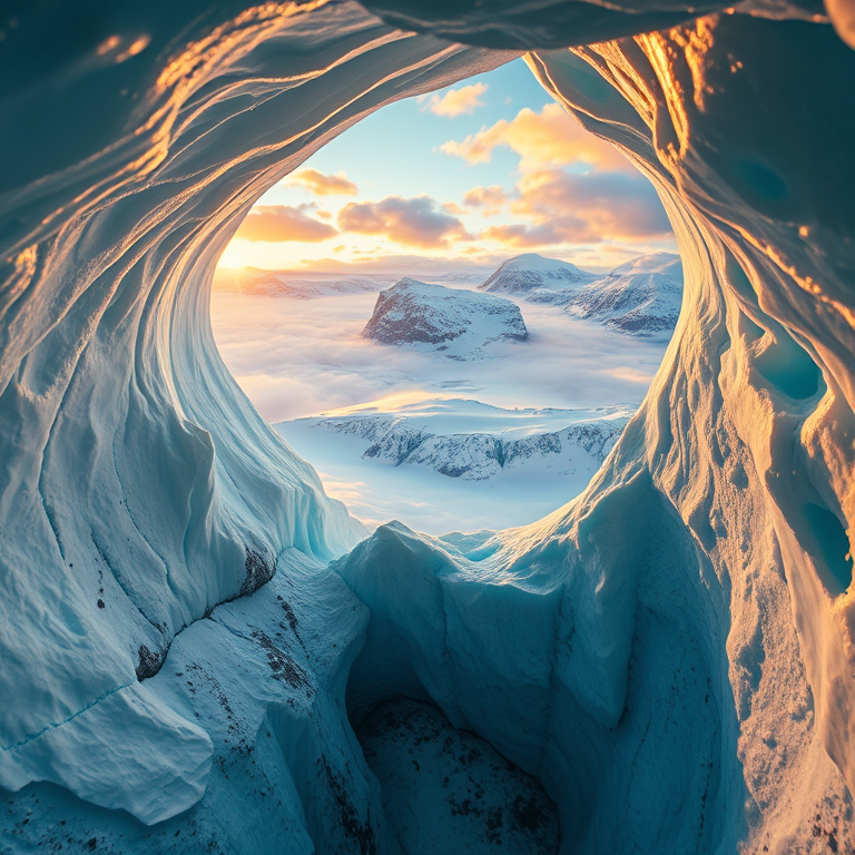 impressionist painting, an ice cave with blue glacial walls, during golden hour, with dramatic cloud formations, high contrast, bird eye view, soft diffused lighting, highly detailed, mysterious and ethereal