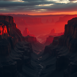 A vast canyon at sunset with layered red rock formations, deep shadows, and glowing orange light illuminating the cliffs, epic scale, cinematic composition, 8K.