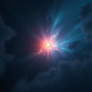 3D render, a deep space nebula with stars, at sunset, with misty atmosphere, cool blue tones, bird eye view, moody atmospheric lighting, 8K UHD, awe-inspiring and grand