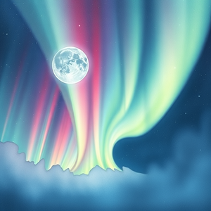 watercolor painting, a northern lights aurora display, under a full moon, with rainbow in background, pastel soft colors, bird eye view, volumetric light rays, sharp focus, mysterious and ethereal